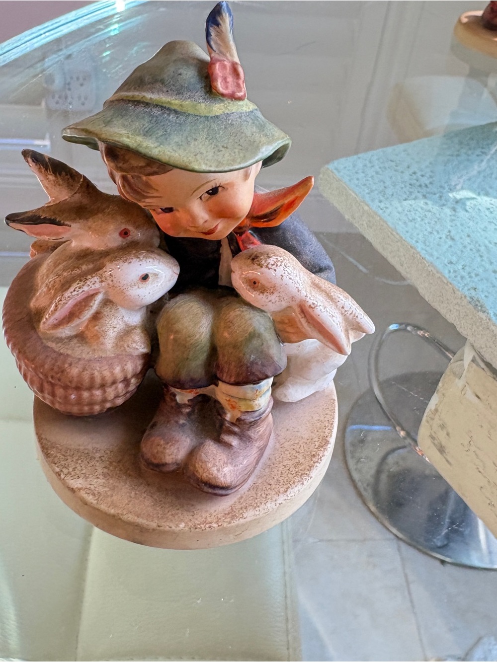Hummel Boy Figurine in Green Hat with Brown Boots and Rabbits